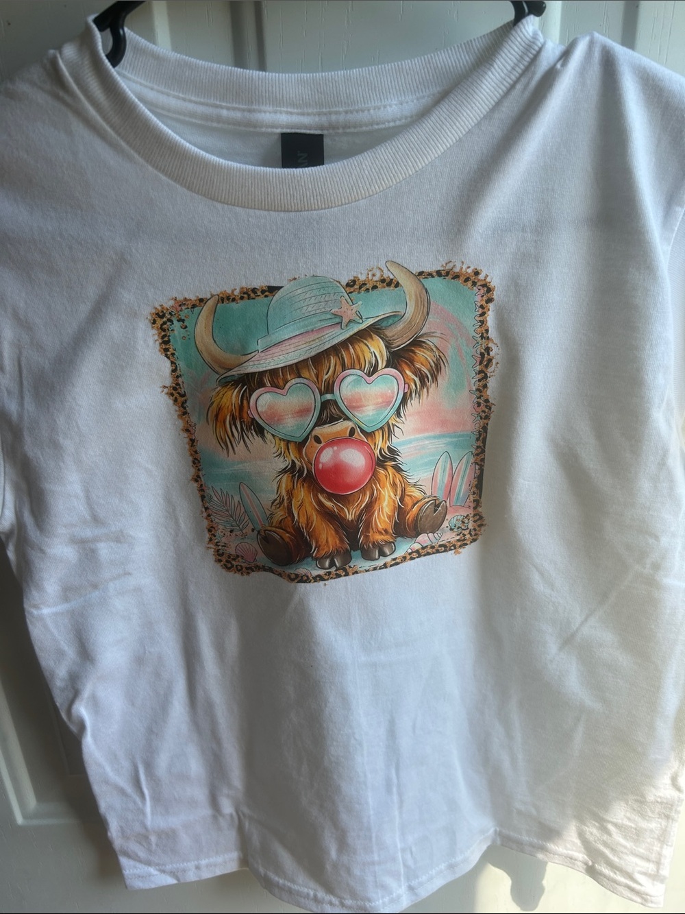 Gildan White Kids Long Sleeve Tee with Colorful Bubble-Blowing Highland Cow